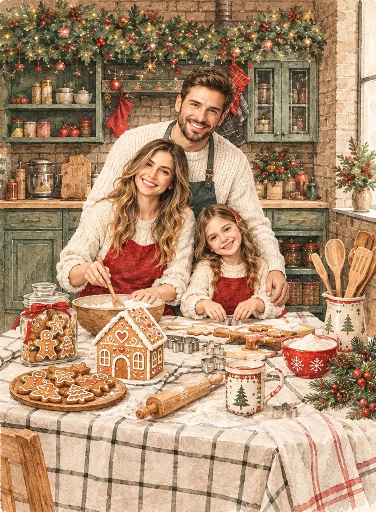 Boceto en acuarela de la cocina navideña: familia decorando galletas en la mesa con mantel a cuadros