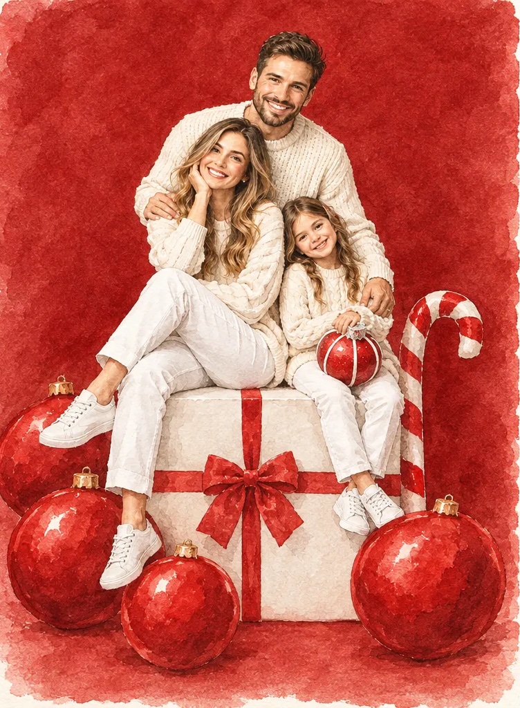 Boceto en acuarela del escenario rojo: familia vestida de blanco sobre una gran caja de regalo, con esferas rojas gigantes